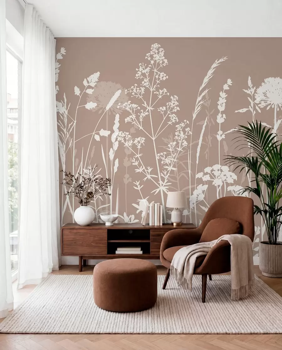 zidne murale Siluete cvijeća na taupe boji w01270v3