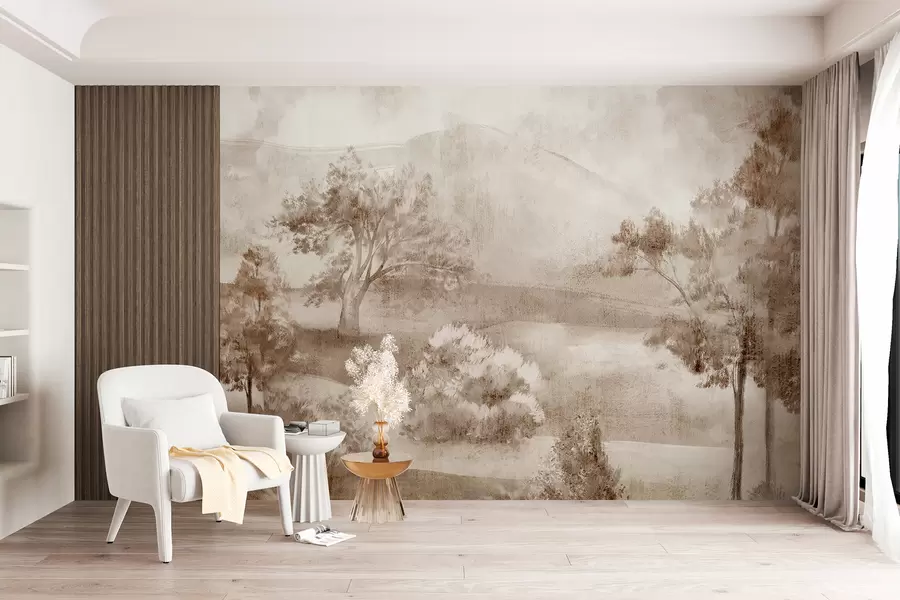 zidne murale Pejzažna slika maglovite seoske scene okružene bujnim drvećem i lišćem u nijansama smeđe w01247