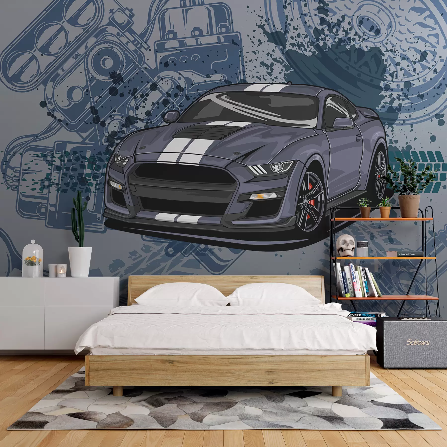 zidne murale Dječja tapeta za tinejdžere s automobilom i grafičkim slovima u plavoj boji w01218