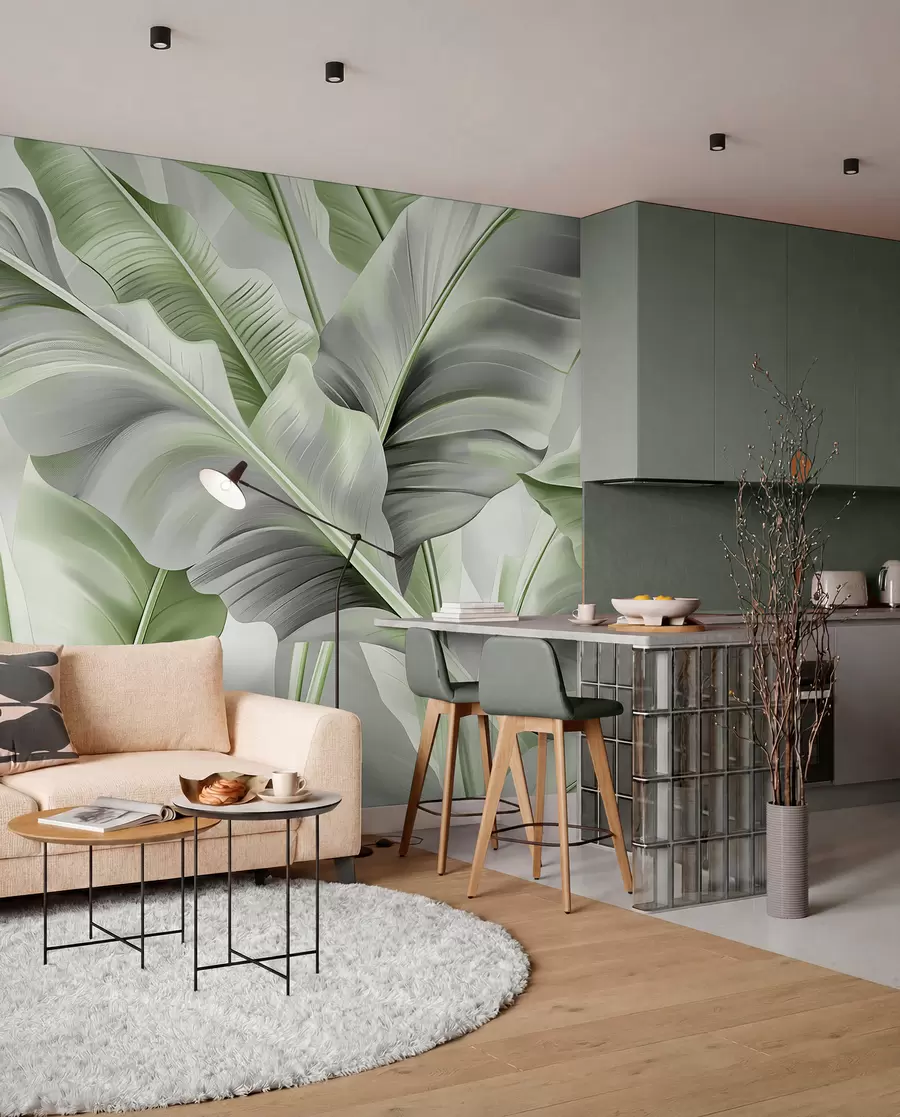 zidne murale luksuzni veliki listovi banane u sivo-zelenim tonovima w07876v3
