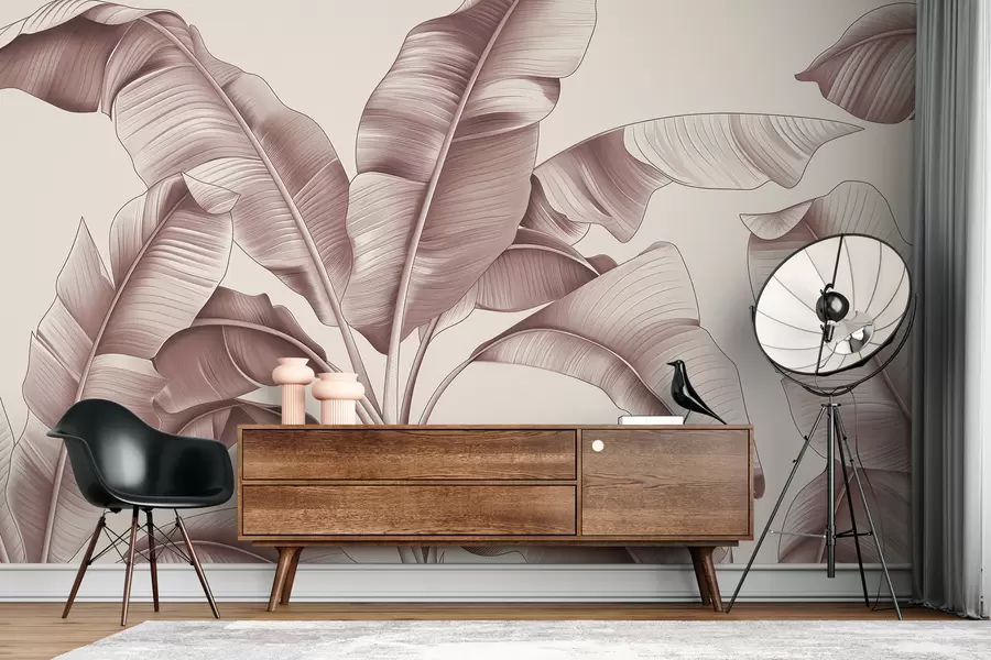 zidne murale nacrtano veliko lišće banane u pastelno ružičastoj boji w07877v1