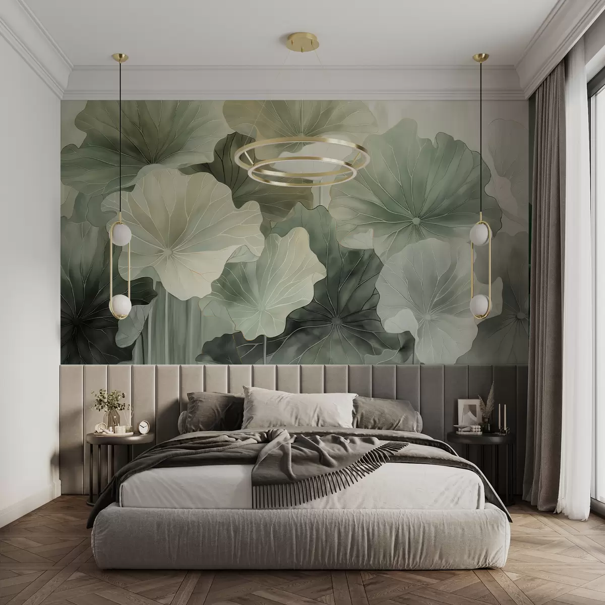 zidne murale Veliko lišće lotosa oslikano je vodenim bojama w07938v1