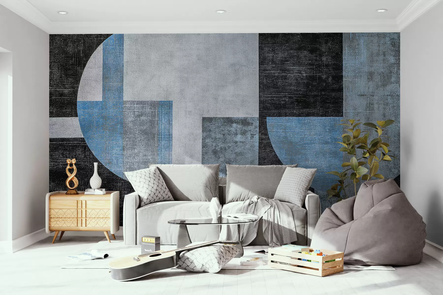 zidne murale Moderna teksturirana apstrakcija u crnoj i plavoj boji w07878v1