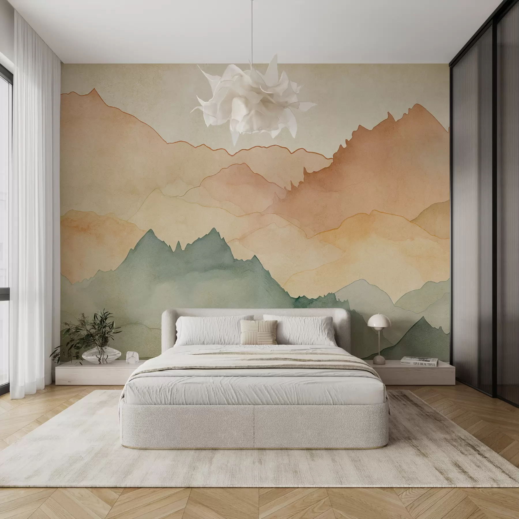 zidne murale Planinski lanci, akvarel vintage, roza, plava i žuta boja w07965