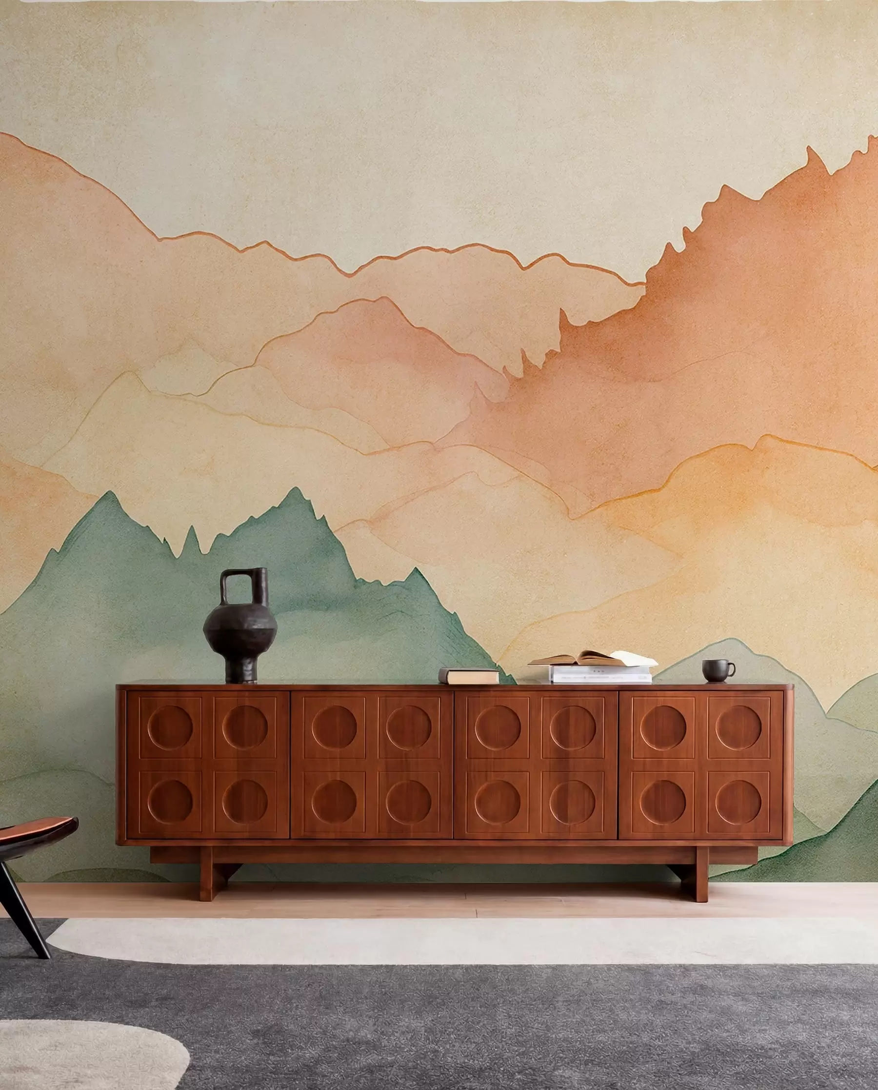 zidne murale Planinski lanci, akvarel vintage, roza, plava i žuta boja w07965