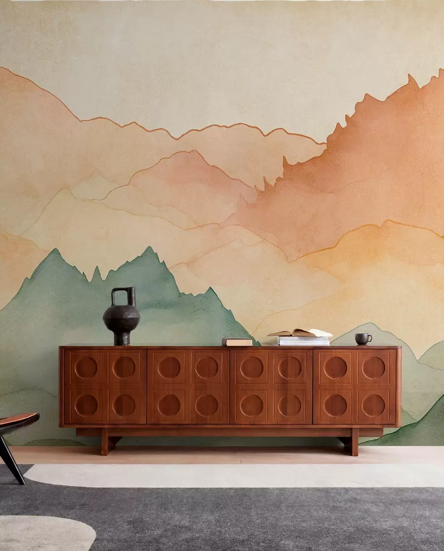 zidne murale Planinski lanci, akvarel vintage, roza, plava i žuta boja w07965