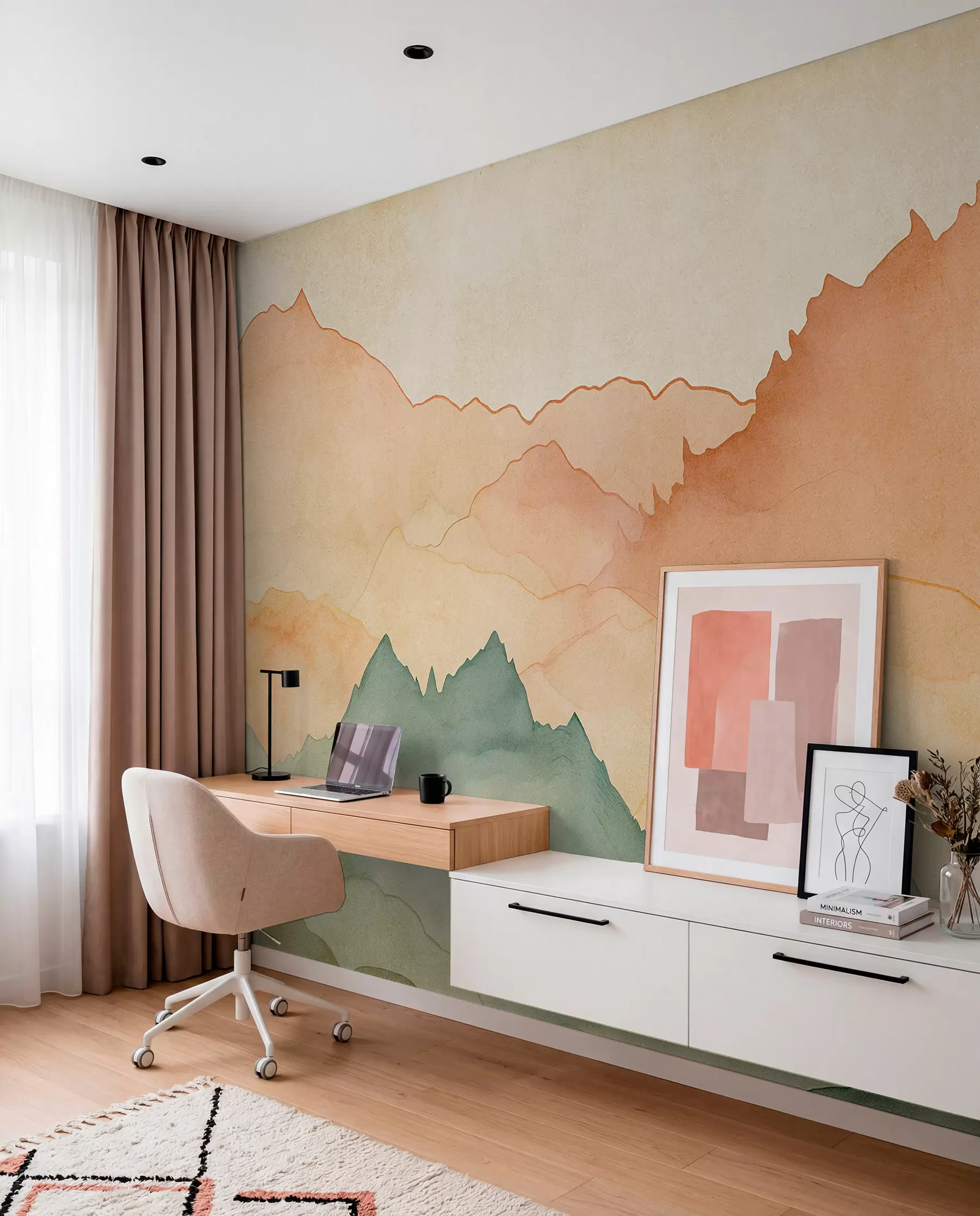 zidne murale Planinski lanci, akvarel vintage, roza, plava i žuta boja w07965