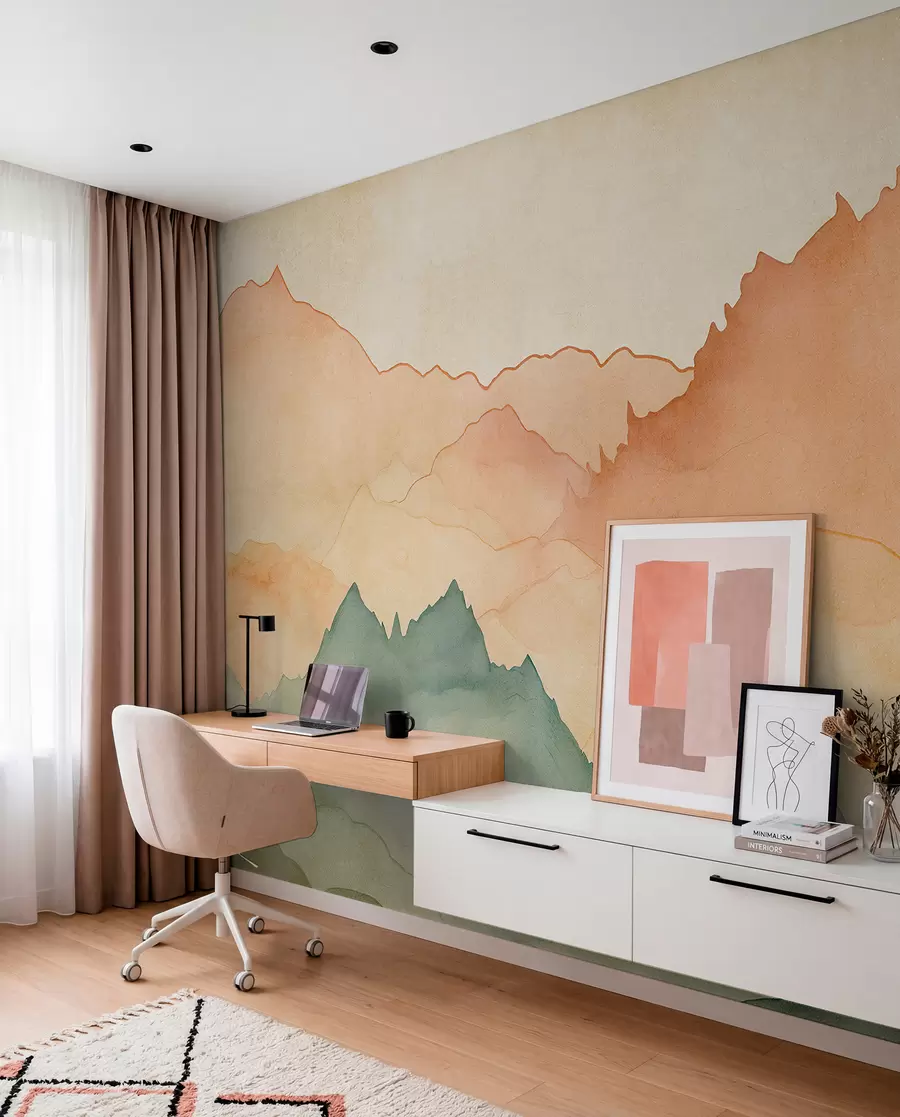 zidne murale Planinski lanci, akvarel vintage, roza, plava i žuta boja w07965