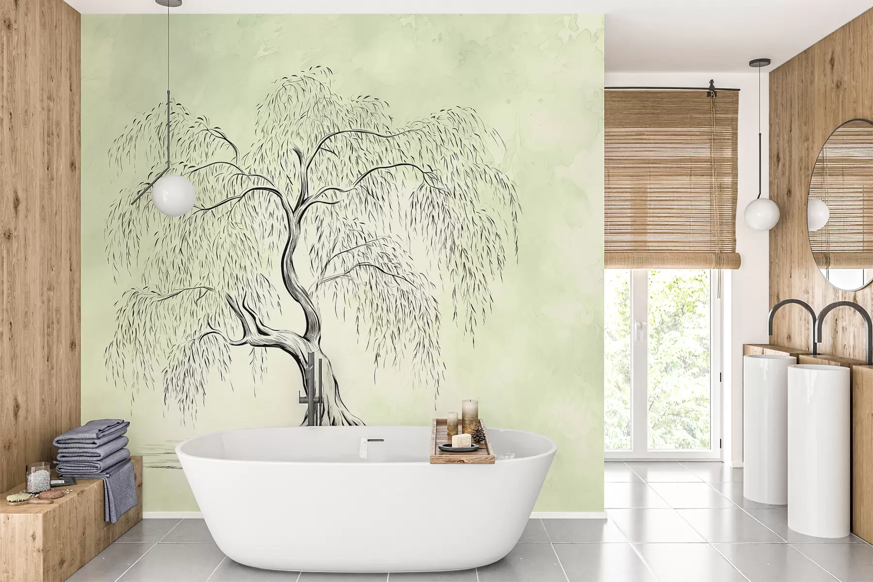 zidne murale Stablo vrbe na zeleno sivoj akvarel pozadini w07969v1