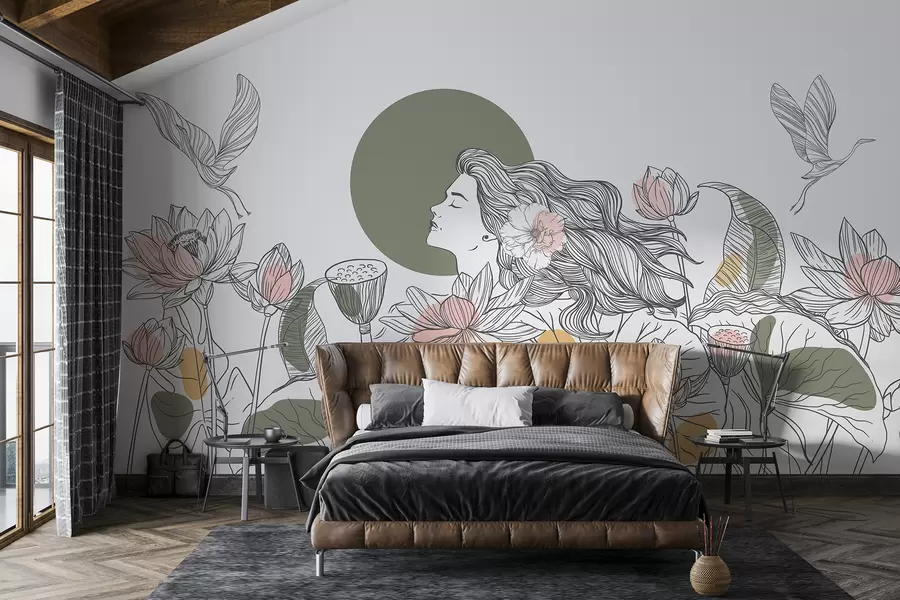 zidne murale Žena u prirodi, crtanje linija, lotosovo cvijeće, veliko lišće, ptice koje lete, pastelne boje w07988v6