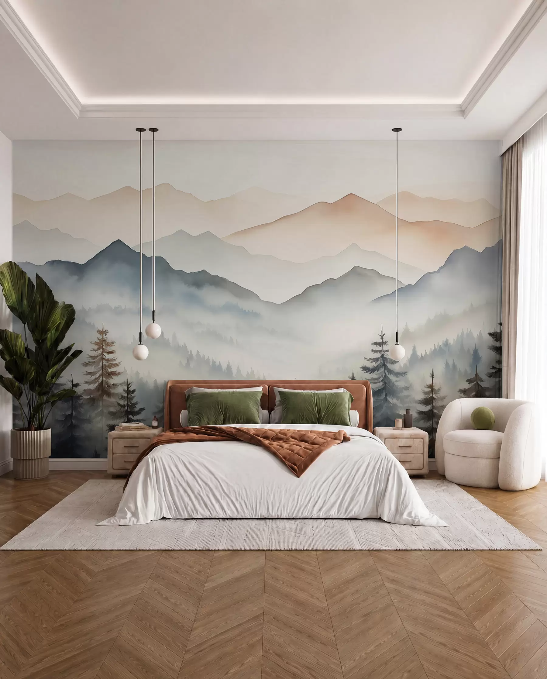 zidne murale Planinski lanci naspram šumskog akvarela w08024