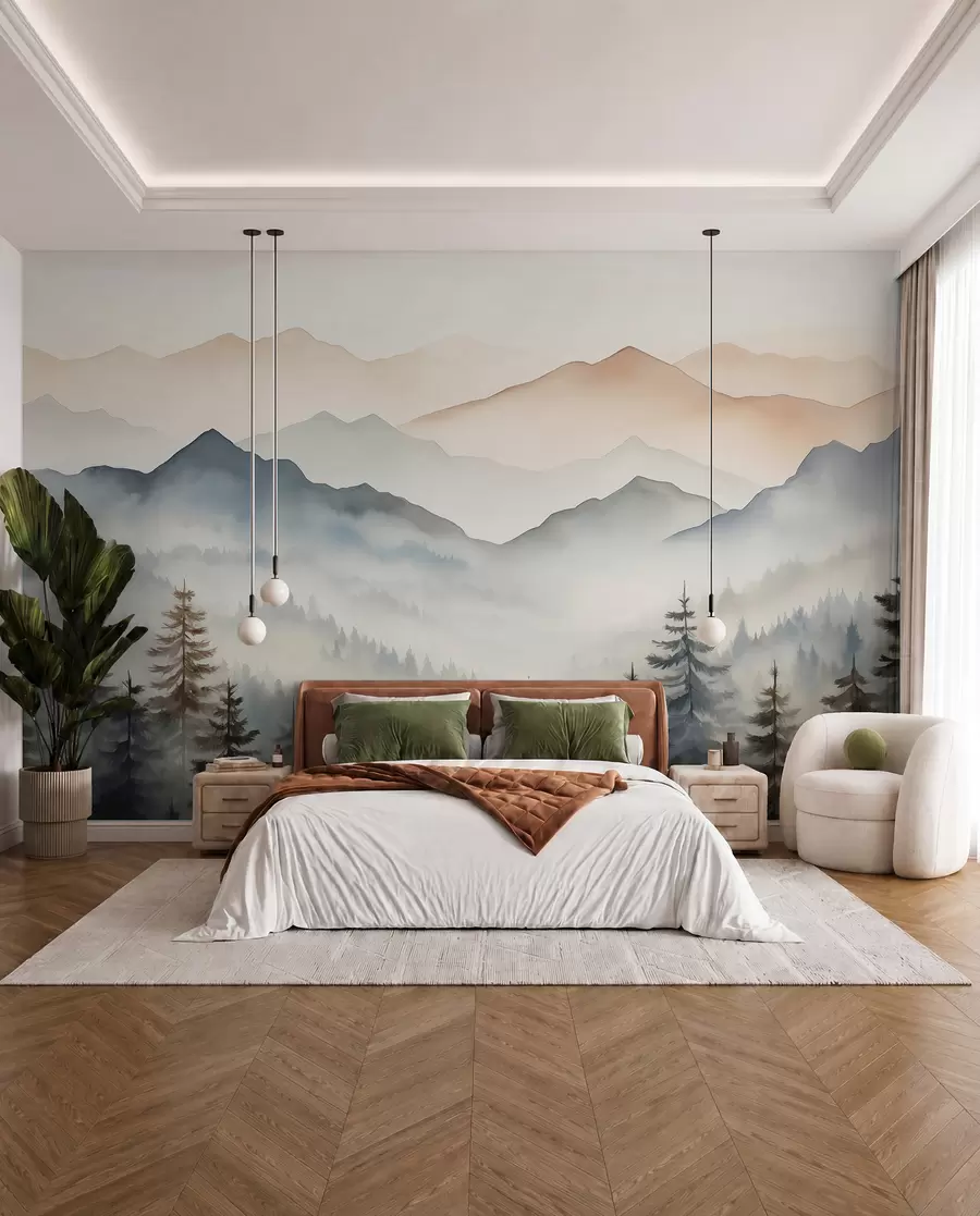 zidne murale Planinski lanci naspram šumskog akvarela w08024