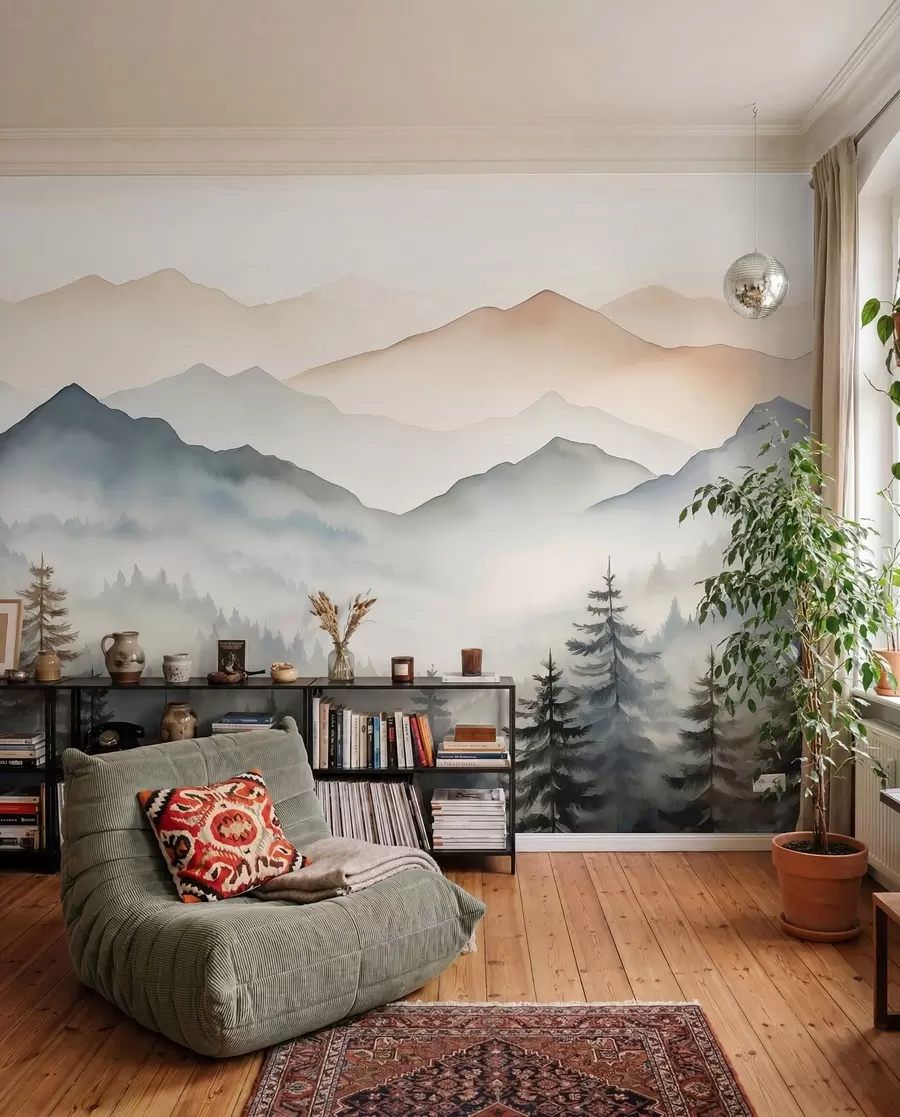 zidne murale Planinski lanci naspram šumskog akvarela w08024