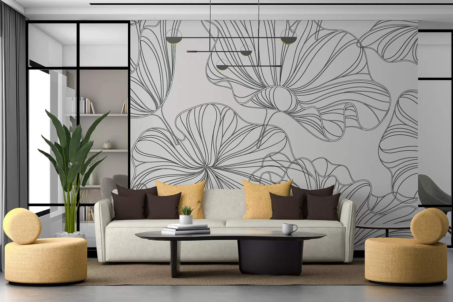 zidne murale Veliki linearni cvjetovi, blijedo bež pozadina w07997v1