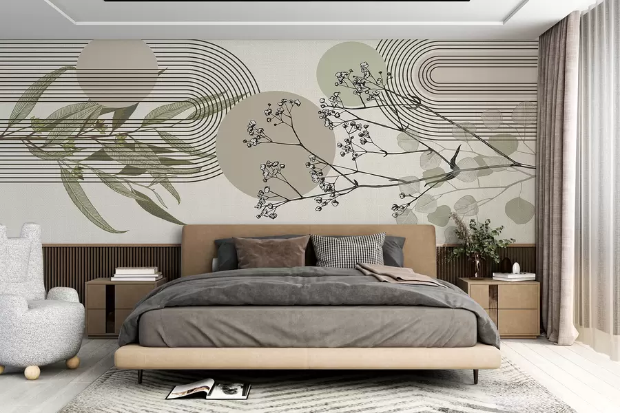 zidne murale Minimalistička apstrakcija s organskim oblicima, stiliziranim granama drveća ili biljkama s nježnim cvjetnim detaljima w07979