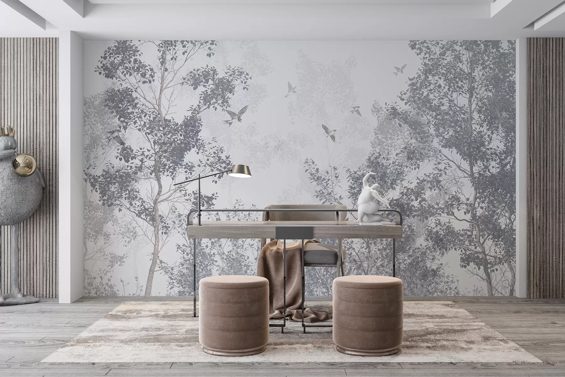 zidne murale Drveće sa sivim lišćem i granama s pticama koje lete nebom, bijela pozadina w07982v1