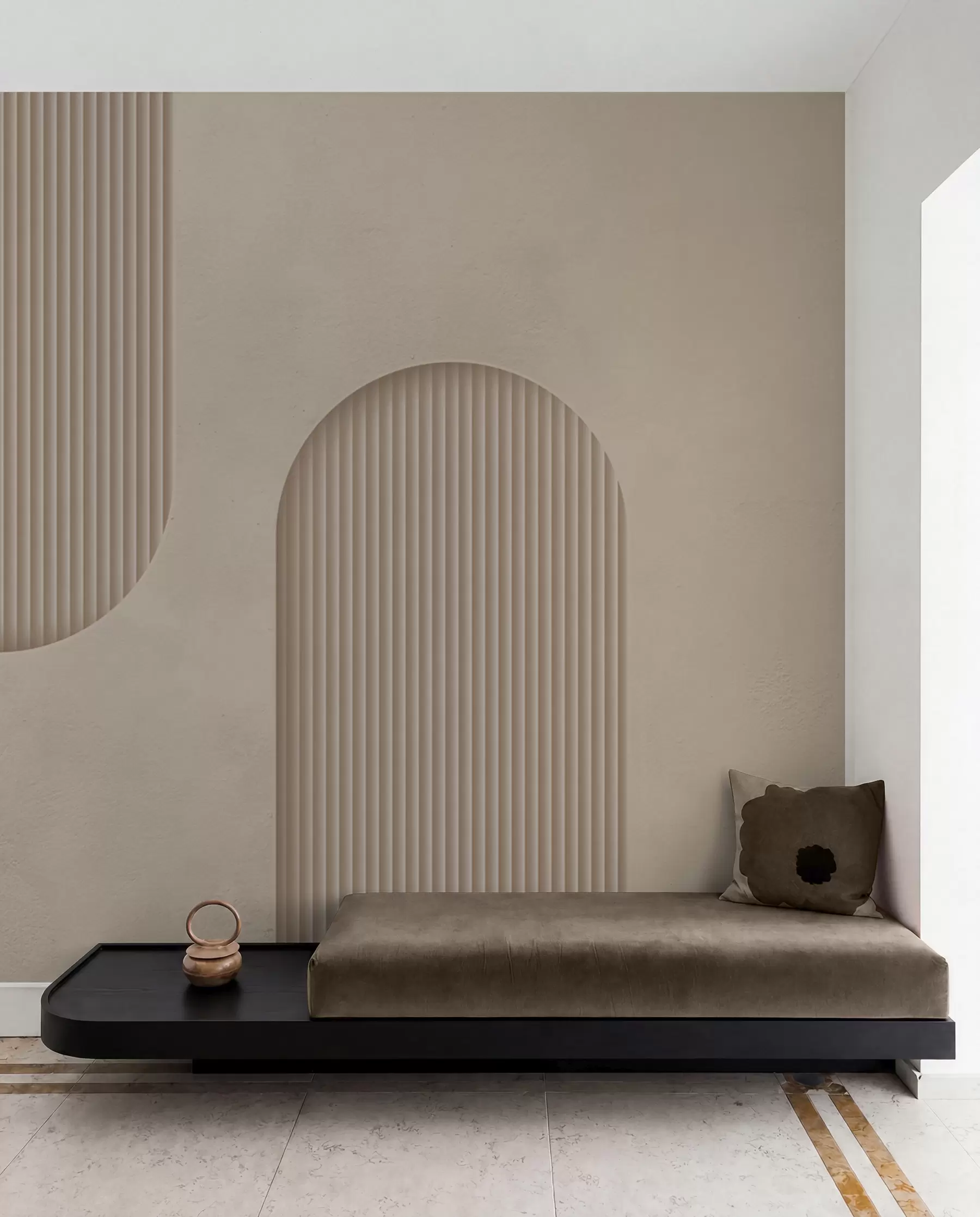 zidne murale Art Deco teksturirana tapeta u toplim bež tonovima. Imitacija volumetrijskih lukova    w08048