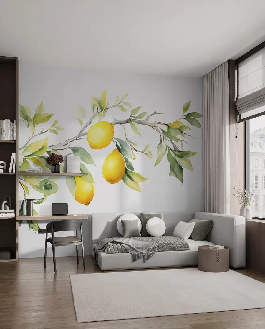 zidne murale Akvarel grana s lišćem i plodovima limuna w08096