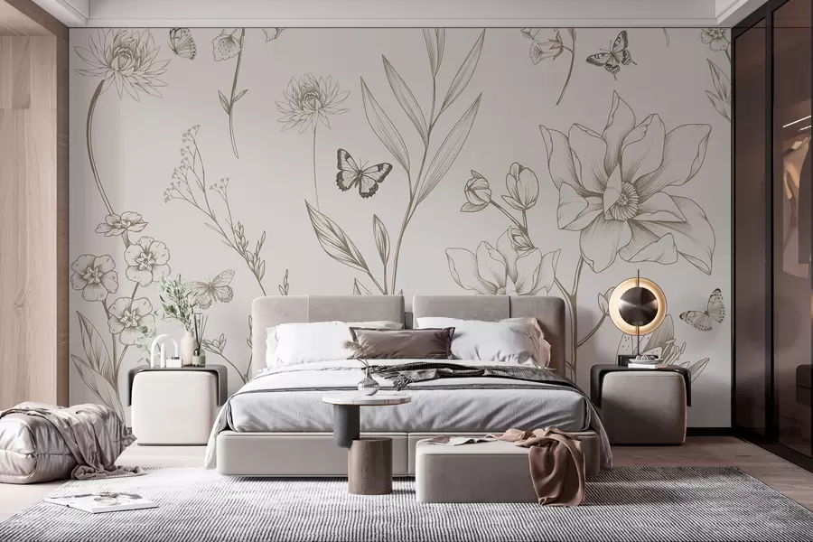 zidne murale Boho jednobojno cvijeće i leptiri u bež boji w08088v1