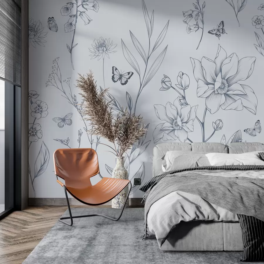 zidne murale Boho jednobojno cvijeće i leptiri u plavoj boji w08088v2