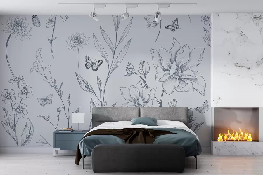 zidne murale Boho jednobojno cvijeće i leptiri u plavoj boji w08088v2