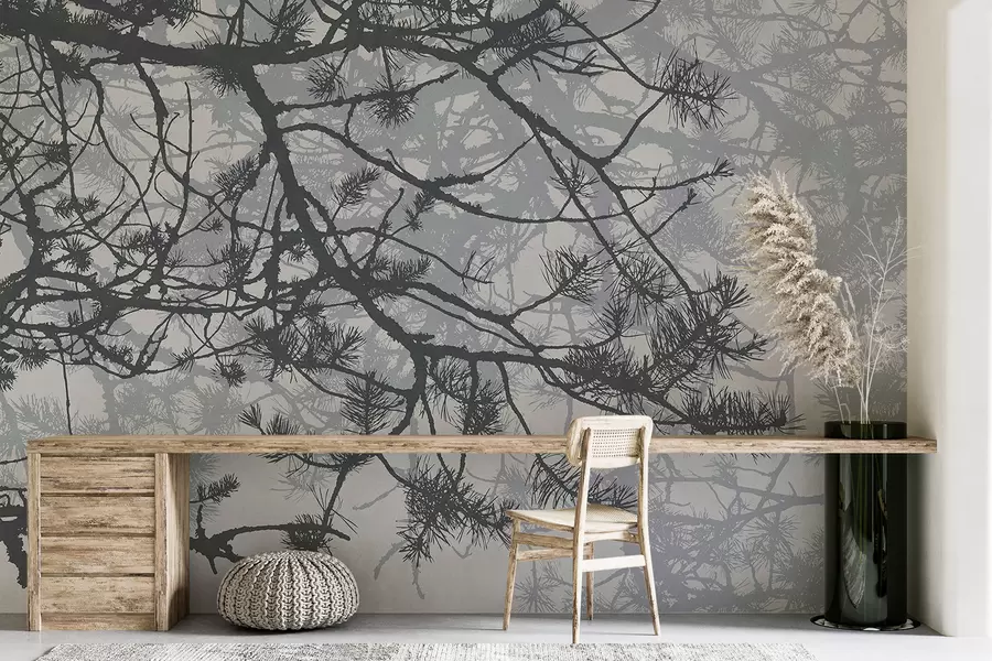 zidne murale grane velikog stabla u sivim tonovima w08166