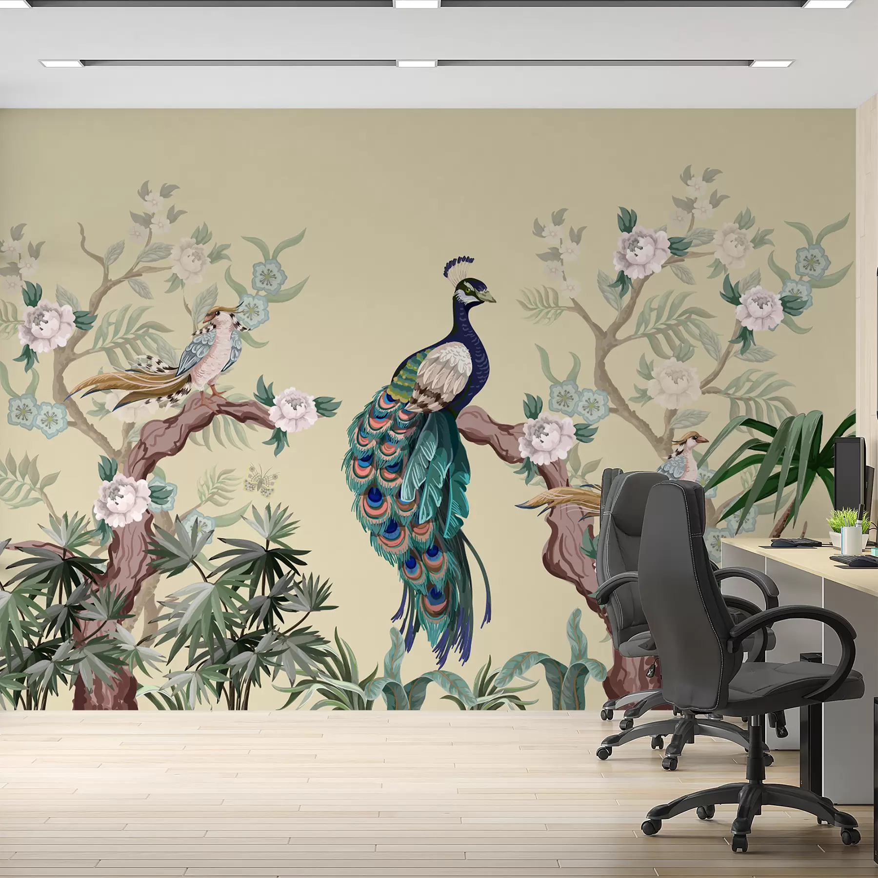 zidne murale paun na drvetu, bež pozadina w08168