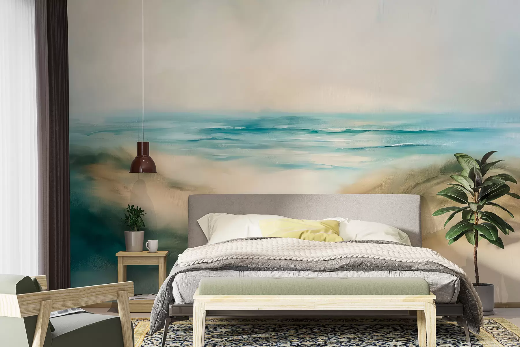 zidne murale Apstraktni pejzaž u pastelnim bojama, plaža, more, akvamarin i paleta bež boja, potezi kistom w08141v1