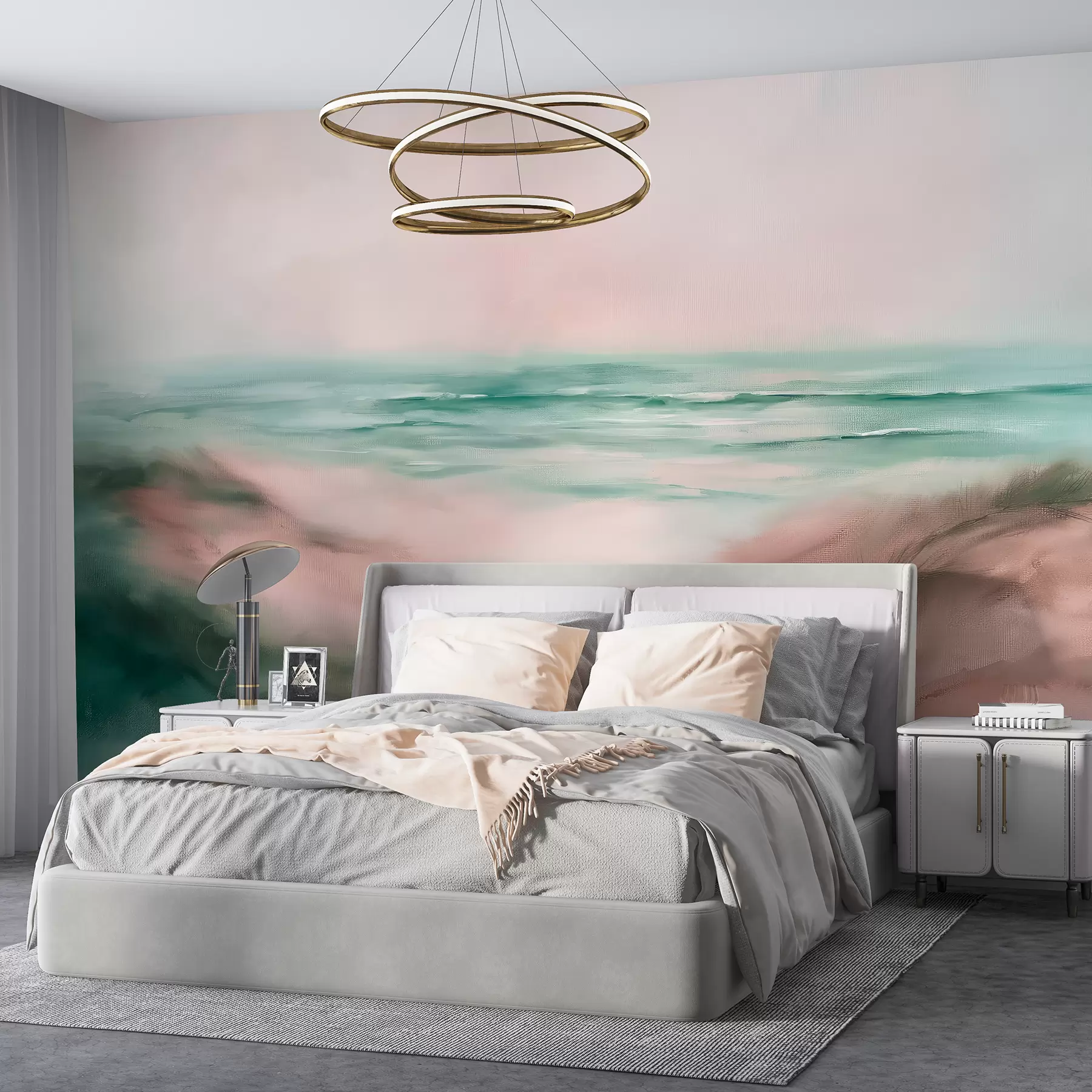 zidne murale Apstraktni pejzaž u pastelnim bojama, plaža, more, akvamarin i paleta ružičastih boja, potezi kistom w08141v2