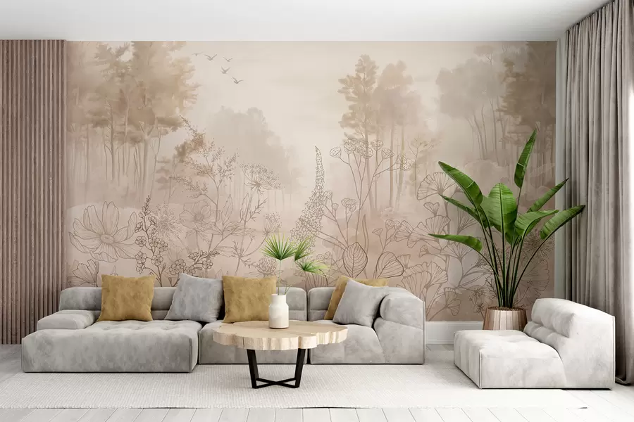 zidne murale Šumski krajolik s poljskim cvijećem, crteži, realizam, drveće, priroda, paleta bež boja w08142