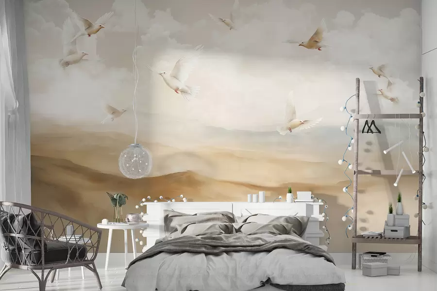 zidne murale Ptice koje lete na nebu s oblacima, prirodni krajolik, akrilni crtež, pastelne bež boje w08143