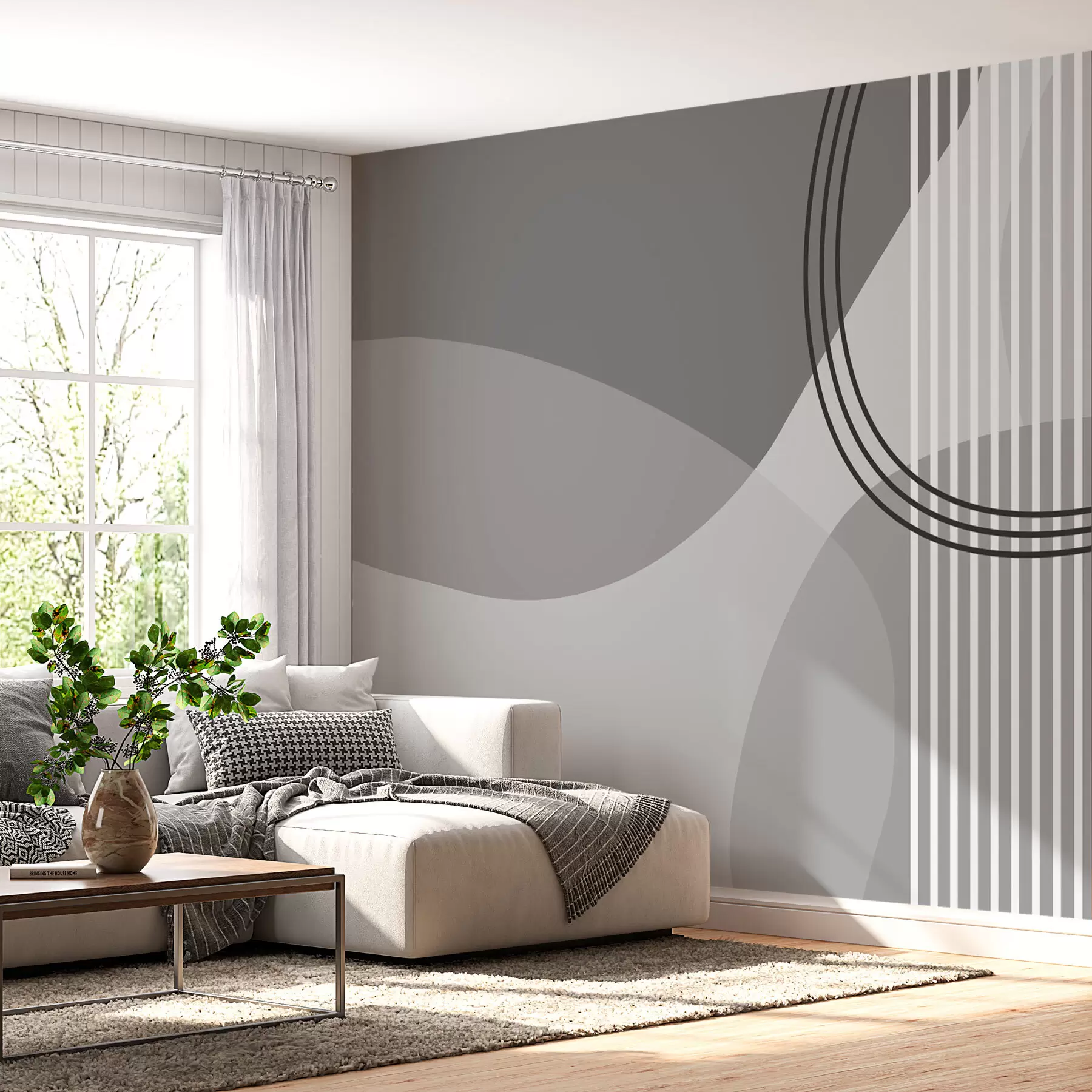 zidne murale Geometrijska apstrakcija linija i krug minimalizam moderan stil sive boje w08173v3