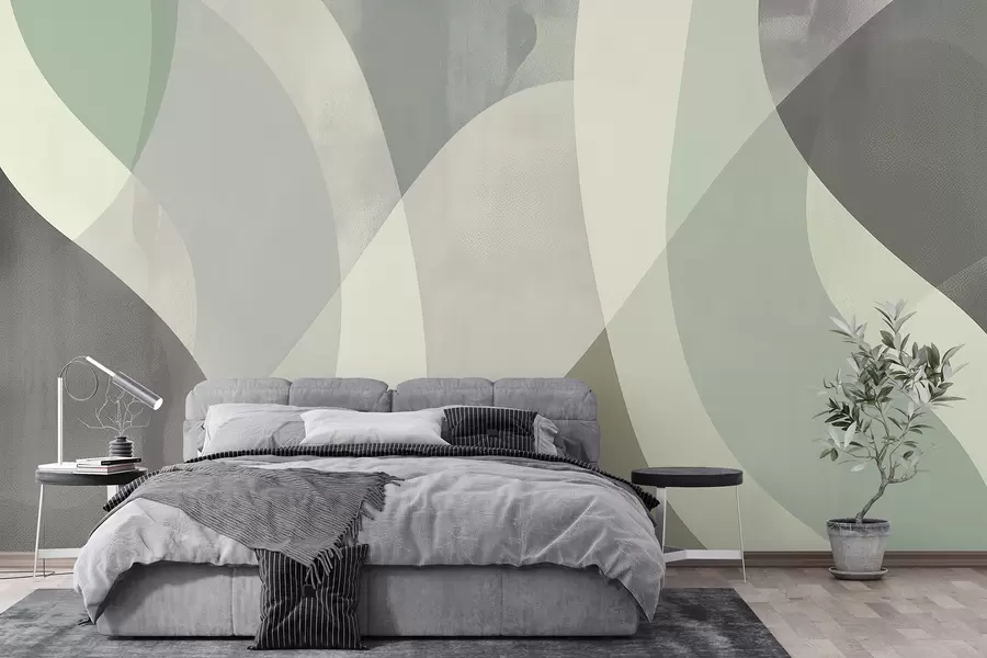 zidne murale Blage obline u prigušenim tonovima s tekućim linijama i zelenim preljevima, minimalistički i moderni w01334