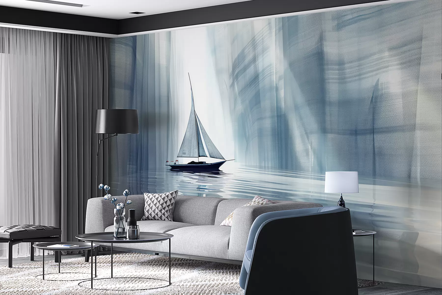 zidne murale Čamac na vodi u futurističkom stilu s plavim bojama w01338