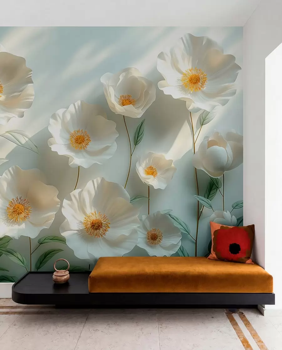 zidne murale Bijeli makovi uza zid sa sunčevom svjetlošću i 3D efektom w01339