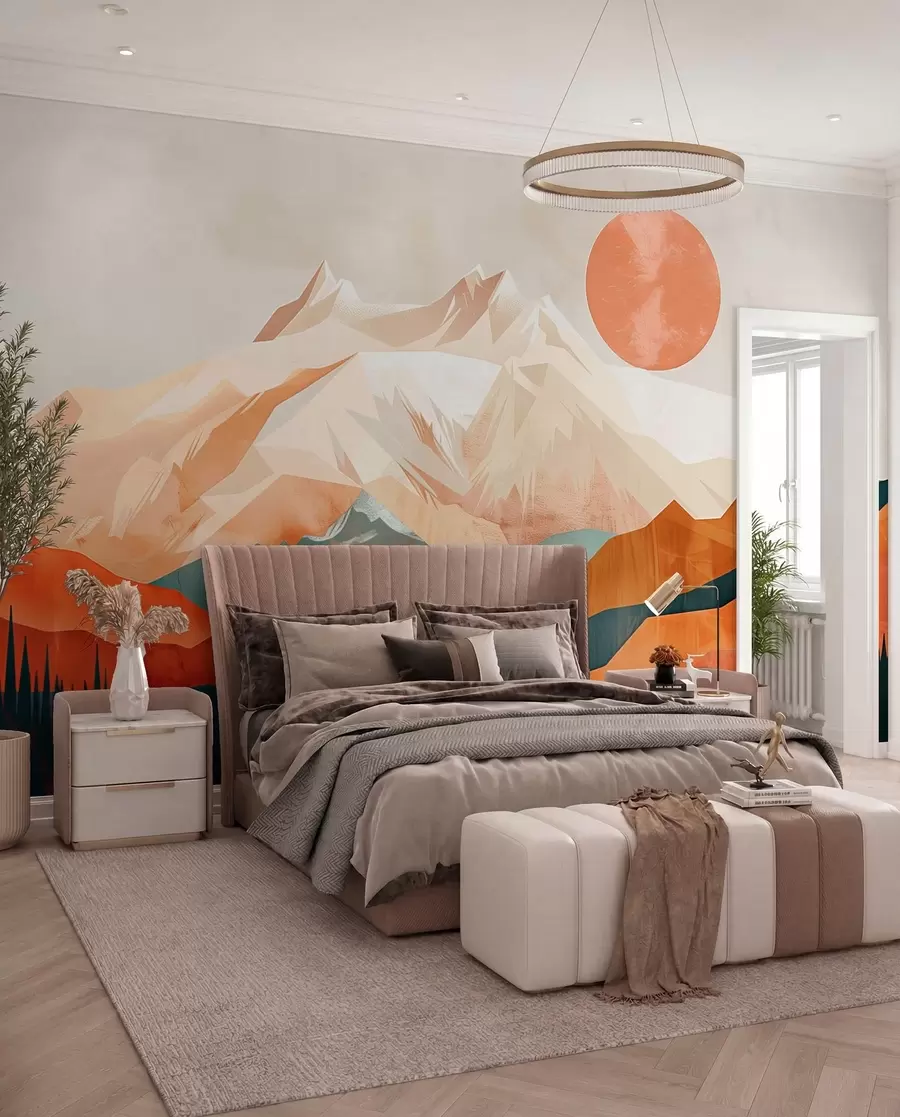 zidne murale Boho blaženstvo: miran krajolik planina, drveća i sunca w01358