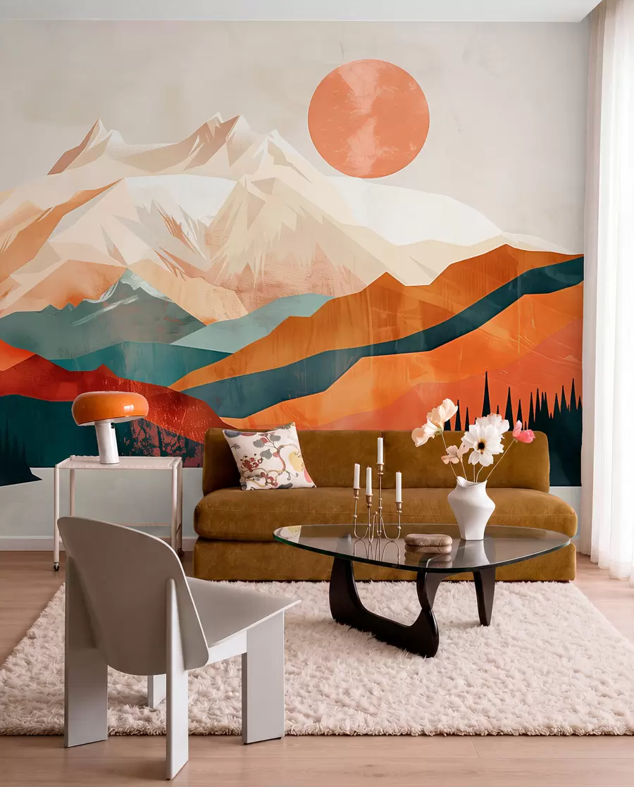 zidne murale Boho blaženstvo: miran krajolik planina, drveća i sunca w01358