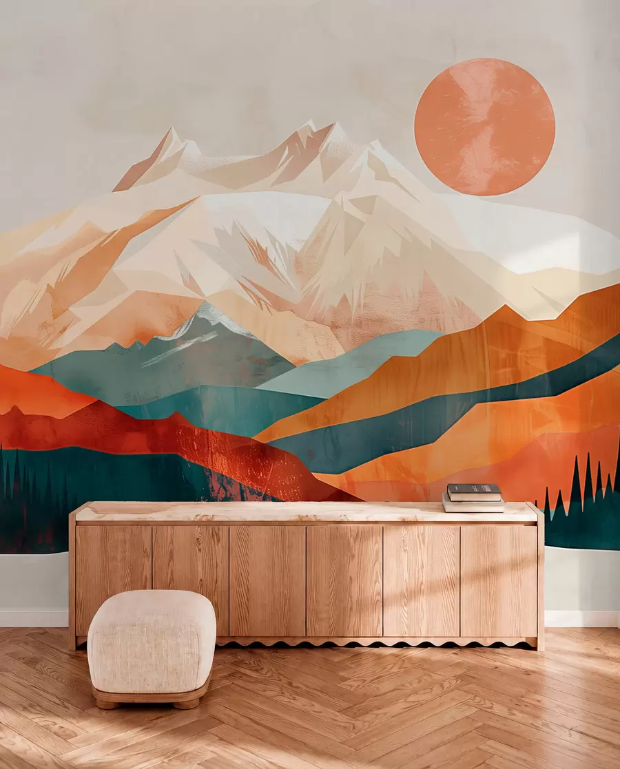 zidne murale Boho blaženstvo: miran krajolik planina, drveća i sunca w01358