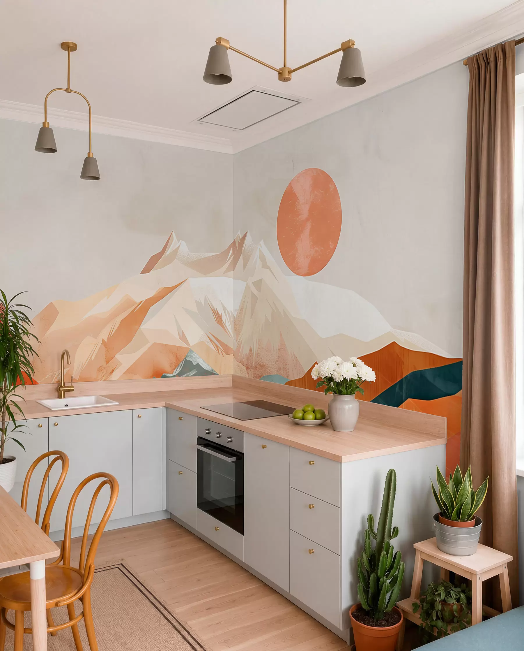 zidne murale Boho blaženstvo: miran krajolik planina, drveća i sunca w01358