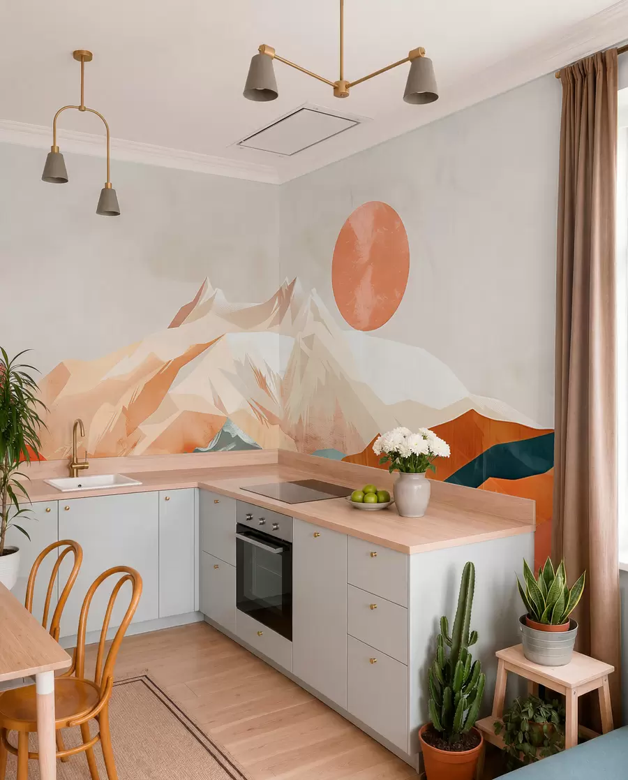 zidne murale Boho blaženstvo: miran krajolik planina, drveća i sunca w01358