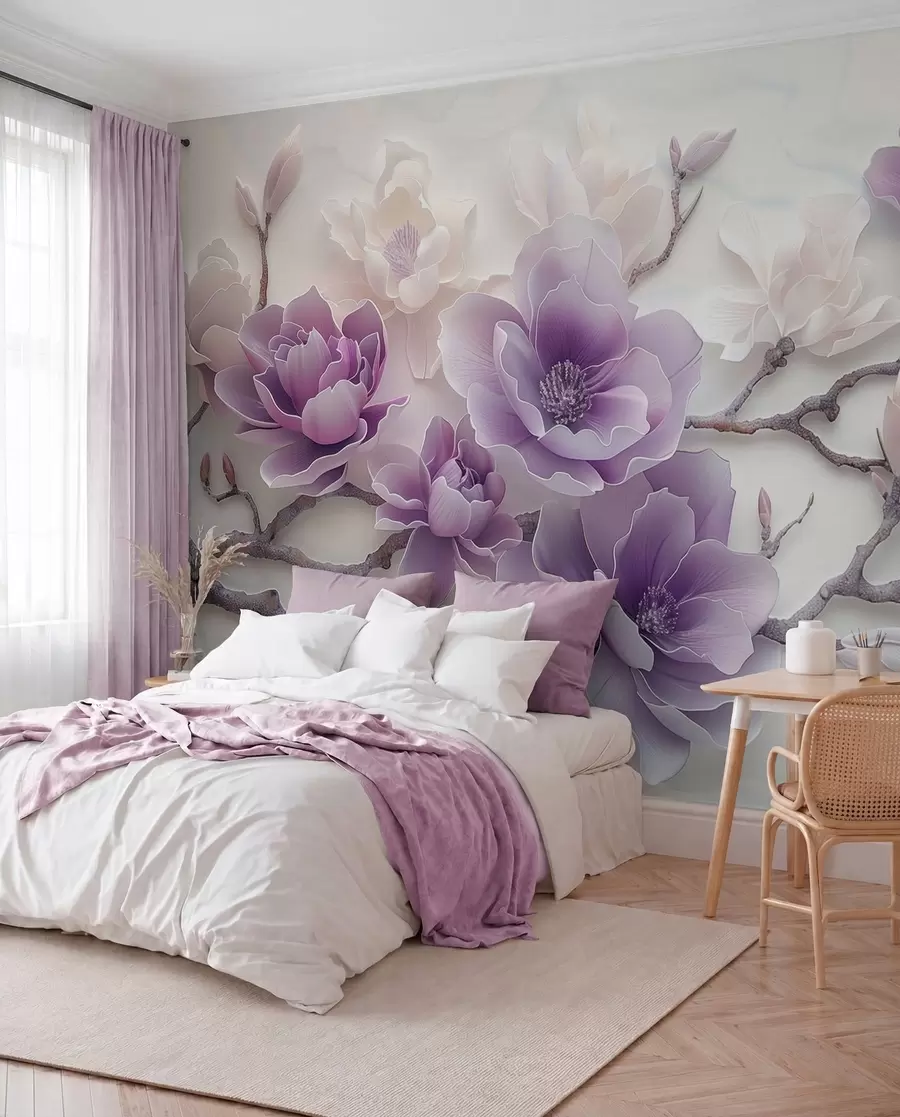 zidne murale Ljubičasti reljefni cvjetovi magnolije na gracioznoj grani w01359