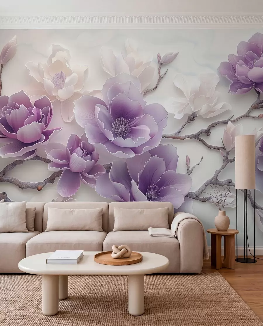 zidne murale Ljubičasti reljefni cvjetovi magnolije na gracioznoj grani w01359