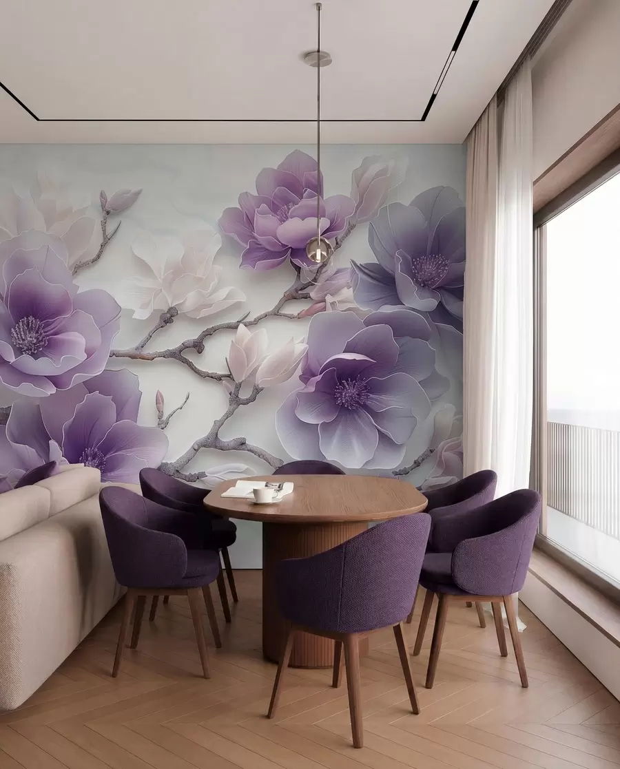 zidne murale Ljubičasti reljefni cvjetovi magnolije na gracioznoj grani w01359