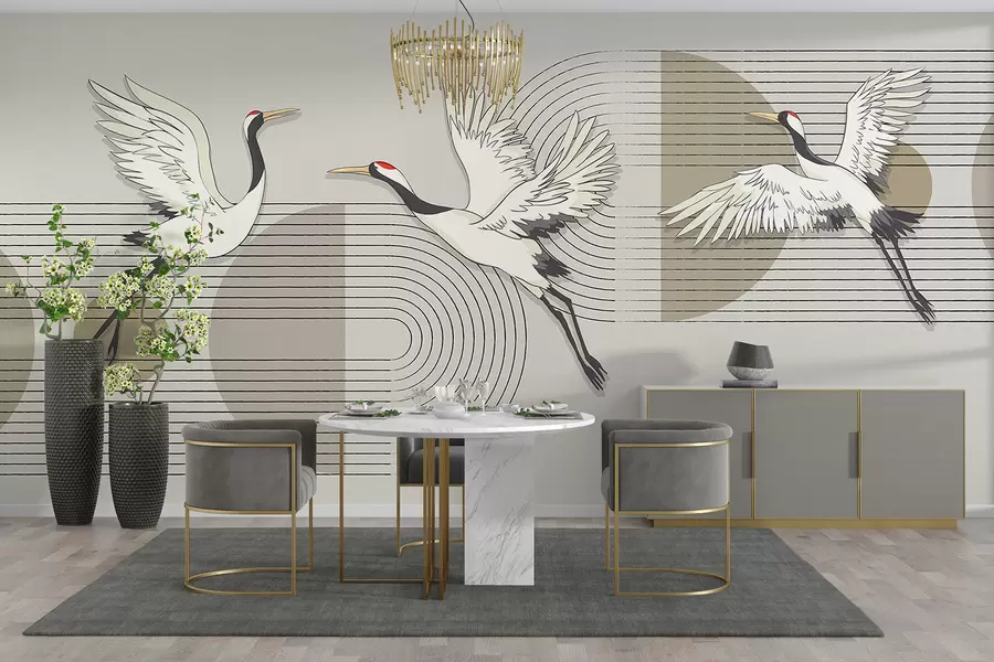 zidne murale Tri bijela ždrala u letu na geometrijskoj minimalističkoj pozadini s koncentričnim krugovima w08188