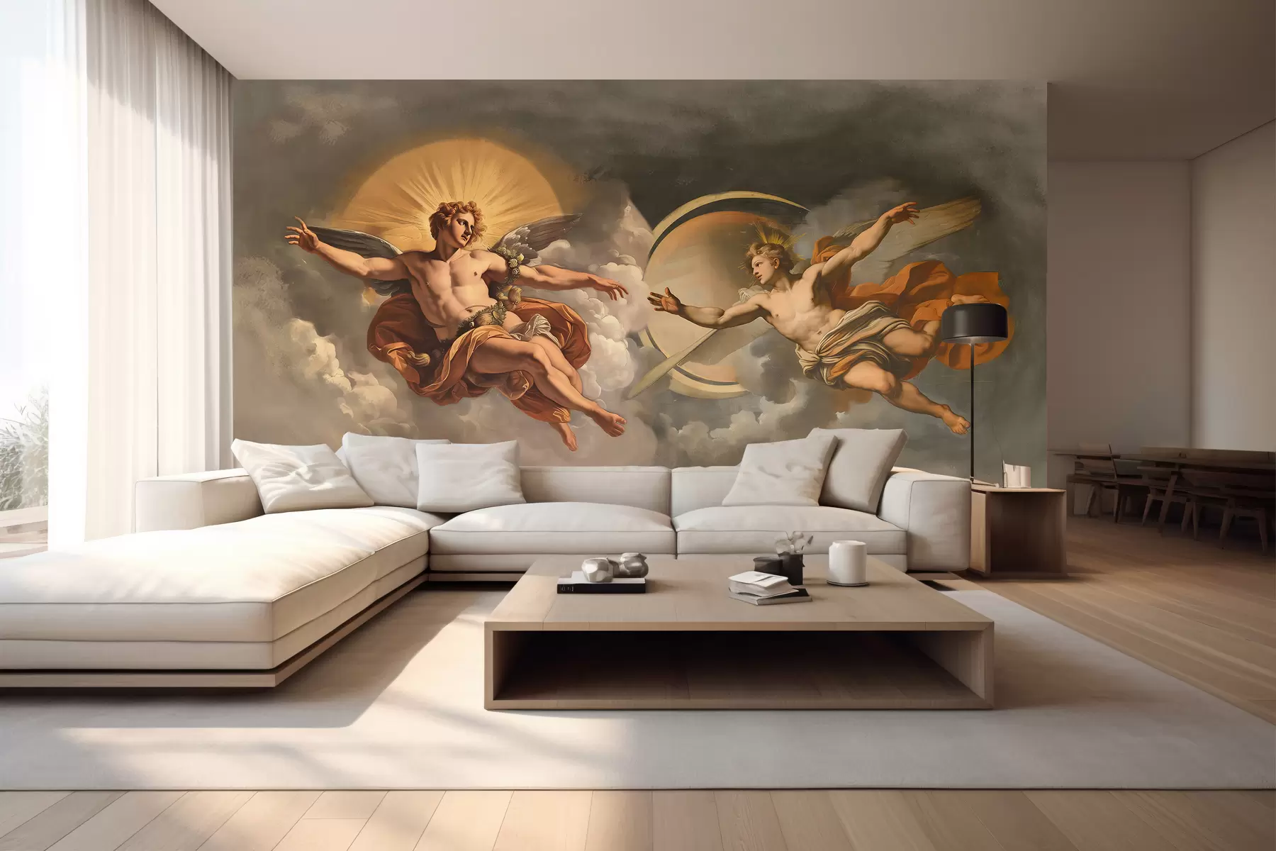 zidne murale zidni mural u stilu renesansnih fresaka u bež i tamnim nijansama. Dvije muške figure bogova ispružene jedna prema drugoj. w08137