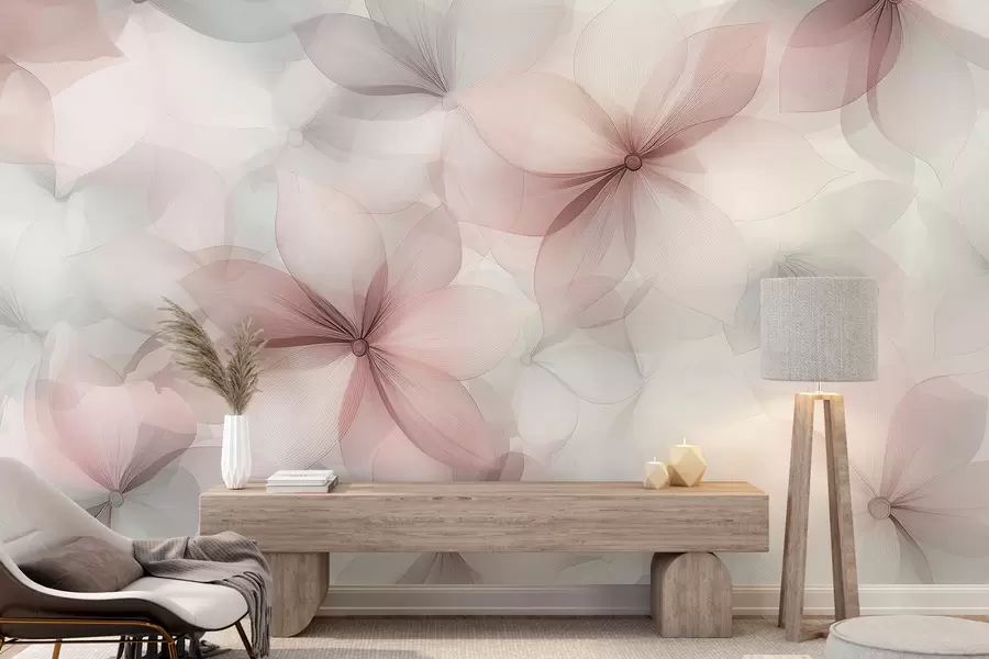 zidne murale Cvjetna kompozicija, nježno roze i sive boje, cvjetni uzorak w01446v1