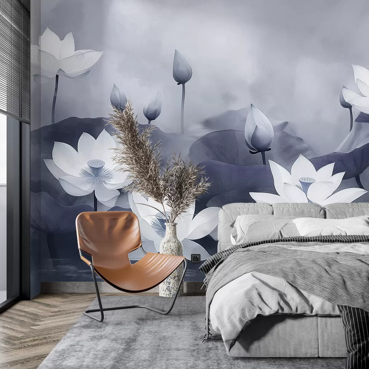 zidne murale Lotosi u jezeru, priroda, magla, akrilni crtež, veliko lišće, džungla, nježno sive boje w01450v1