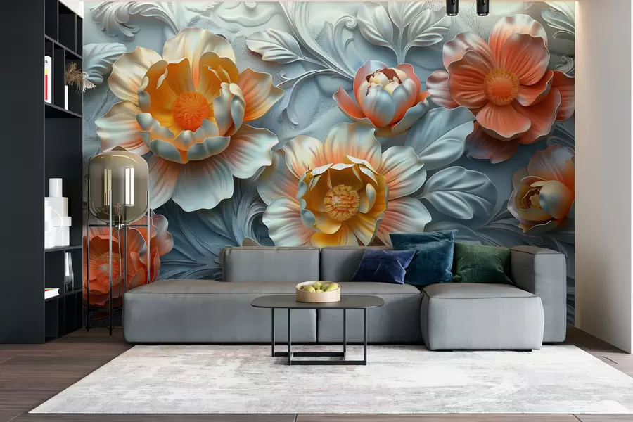 zidne murale 3D ilustracija apstraktnog svijetlog cvijeća u baroknom stilu na biljnoj pozadini w01427