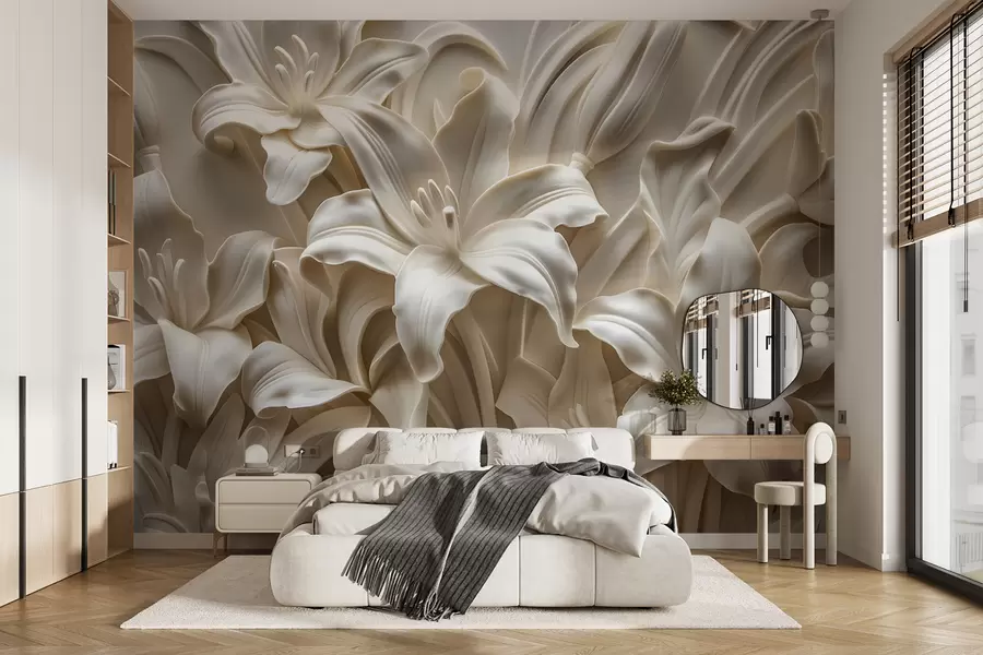 zidne murale Elegantni bež 3D reljef izrezbarenih ljiljana w01433