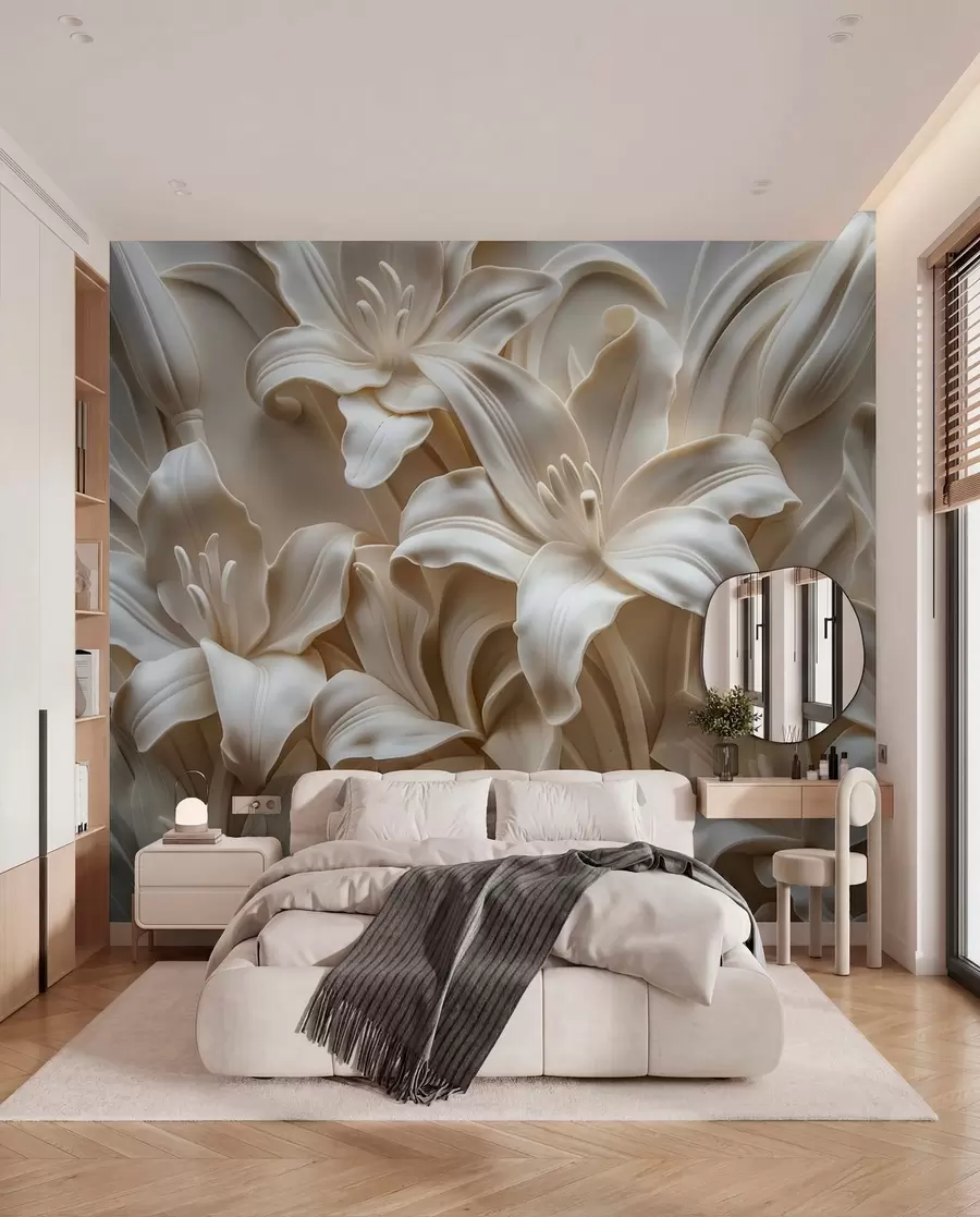 zidne murale Elegantni bež 3D reljef izrezbarenih ljiljana w01433